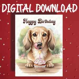 Geburtstagskarte druckbare Dackel Hund Haustier Liebhaber Illustrierte Karten Alles Gute zum Geburtstag Geschenkideen für Sie und Ihn Freund Digitaler Download