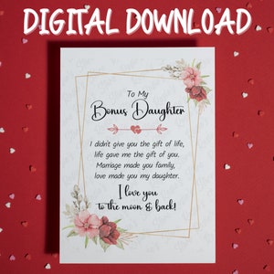 Bonus Daughter Birthday Card • Printable Card • Digital Download • Card Bonus Daughter • Christmas Card • Sentimental Card • Stepdaughter