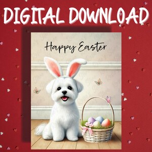 Cartão de Feliz Páscoa para Imprimir Download Digital Cartões Ilustrados para Amante de Animais de Estimação Cachorro Maltês para Família Ele Ela Decoração de Presente de Páscoa