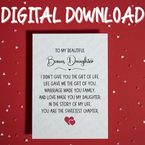 Cadeau voor bonus dochter verjaardag afdrukbare wenskaart stiefdochter digitale Instant Download kaart voor haar meisjes Blended Family