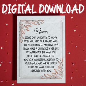 Regalo para el novio de la hija Futuro yerno Tarjeta imprimible Descarga digital para yerno Cumpleaños Tarjeta de Navidad para él Ideas de boda