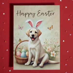 Tarjeta de felicitación de Pascua con labrador retriever, amante de las mascotas, tarjetas ilustradas para la familia, él y ella, regalo de Pascua, decoración