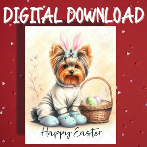 Cartão de Feliz Páscoa para Imprimir Download Digital Yorkie Dog Pet Lover Cartões Ilustrados para Família Ele Ela Decoração de Presente de Páscoa