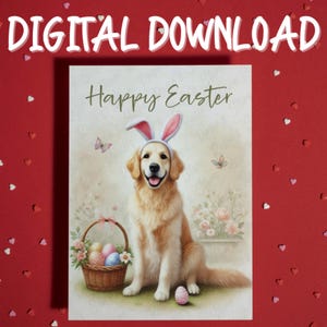 Cartão de Feliz Páscoa para Imprimir Download Digital Golden Retriever Dog Pet Lover Cartões Ilustrados para Família Ele Ela Decoração de Presente de Páscoa