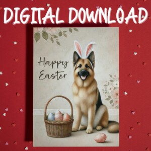 Cartão de Feliz Páscoa para Imprimir Download Digital Pastor Alemão Amante de Animais Cartões Ilustrados para Família Ele Ela Presente de Páscoa Decoração