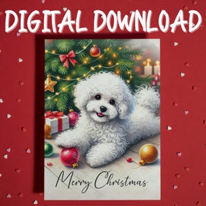 Feliz Natal Boas Festas Cartão para impressão Download digital Bichon Frise Cachorro Amante de animais Cartões ilustrados para família Ele Ela