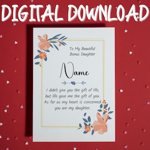 Bonus Tochter Geburtstagskarte • Druckbare Karte • Digitaler Download • Karte Bonus Tochter • Weihnachtskarte • Sentimental Karte • Stieftochter