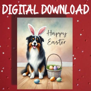 Cartão de Feliz Páscoa para Imprimir Download Digital Australian Shepherd Dog Pet Lover Cartões Ilustrados para Família Ele Ela Decoração de Presente de Páscoa