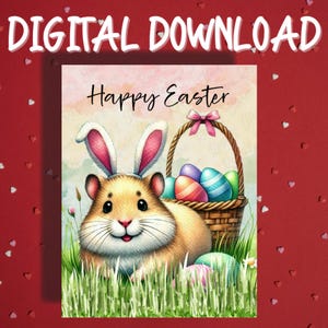 Cartão de Feliz Páscoa para Imprimir Download Digital Hamster Pet Lover Cartões Ilustrados para Família Ele Ela Decoração de Páscoa