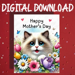 Tarjeta imprimible para el Día de la Madre, descarga digital, tarjetas ilustradas para amantes de los gatos Ragdoll, ideas de regalos para mamás gatas.