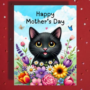 Carte de voeux Fête des mères chat noir amoureux des animaux de compagnie Cartes illustrées pour maman, mère chat, maman en prime, belle-mère, idées cadeaux pour elle