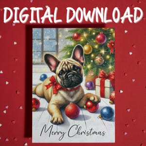 Feliz Natal Boas Festas Cartão para impressão Download digital Bulldog Francês Cachorro Amante de animais de estimação Cartões ilustrados para família Ele Ela