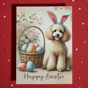 Tarjeta de felicitación de Pascua con ilustración de perro caniche, amante de las mascotas, regalo de Pascua para él y para ella