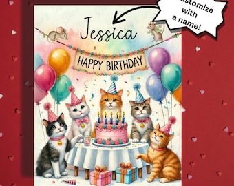 Biglietto d'auguri di compleanno per gatti. Buon compleanno. Divertente gatto, gattino, amante degli animali. Biglietti illustrati. Idee regalo di compleanno per lei o per lui. Gatto, mamma, papà.