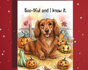 Boo-tiful teckel Halloween-kaart, schattige Wiener Dog herfst pompoen wenskaart