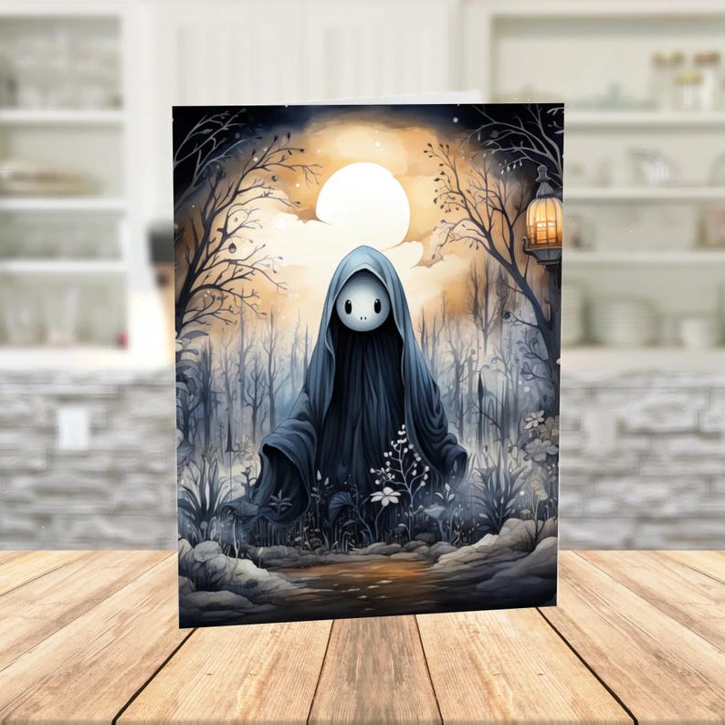 Tarjeta de fantasma de Halloween con bosque iluminado por la luna, linda y espeluznante tarjeta de felicitación imagen 2
