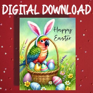 Cartão de Feliz Páscoa para Imprimir Download Digital Papagaio Pássaro Amante de Animais Cartões Ilustrados para Família Ele Ela Decoração de Páscoa