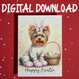 Cartão de Feliz Páscoa para Imprimir Download Digital Yorkie Dog Pet Lover Cartões Ilustrados para Família Ele Ela Decoração de Presente de Páscoa