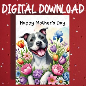 Cartão para impressão de dia das mães, download digital, Pitbull, cão, amante de animais, cartões ilustrados para mãe, mãe, cachorro, mamãe, ideias de presentes para ela