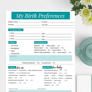 May include: A printable birth preferences checklist with sections for mother's information, support team, ambiance, pain management, delivery preferences for the mother, and after delivery preferences for the baby.