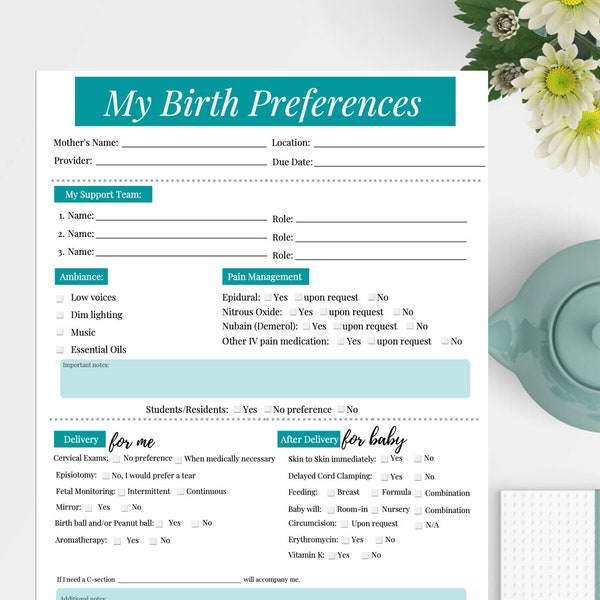Geburtseinstellungen Vorlage / Geburtsplan Vorlage / Printable Geburtsplan Vorlage
