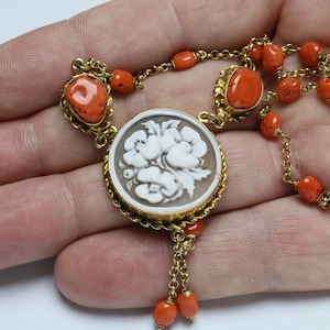 coral necklace with gold plated 925k silver cameo
