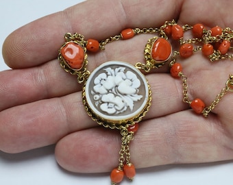 coral necklace with gold plated 925k silver cameo