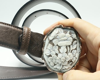 leather belt with brass cameo buckle