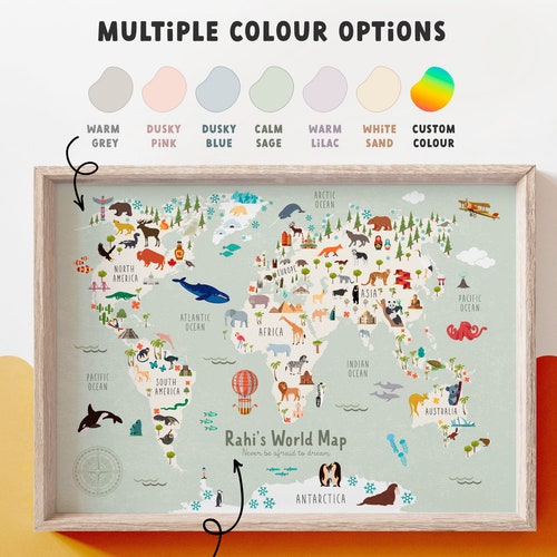 WORLD MAP Print Custom Colours Kids Bedroom Map Safari | Etsy