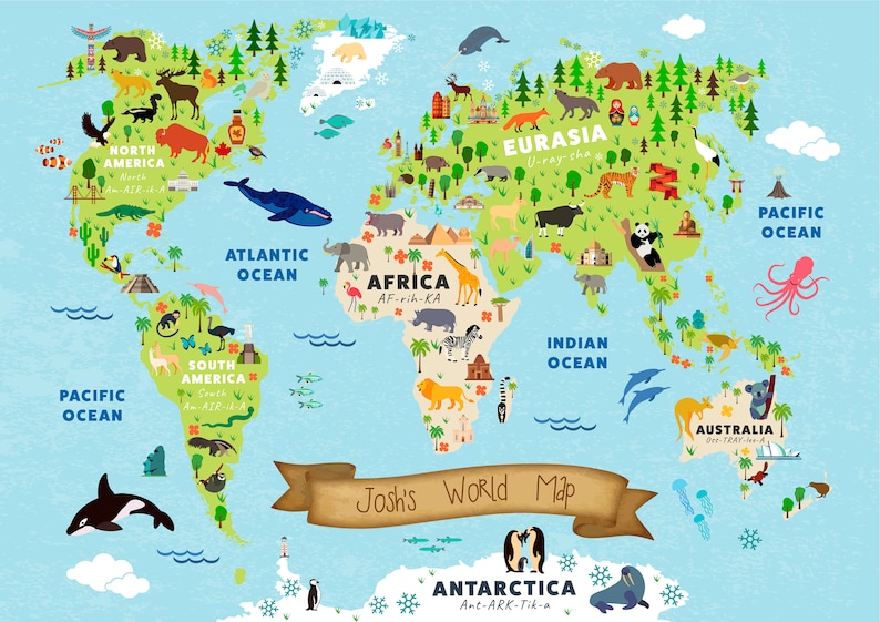 World Map Educational Print Animal World Map Map Wall Art Etsy