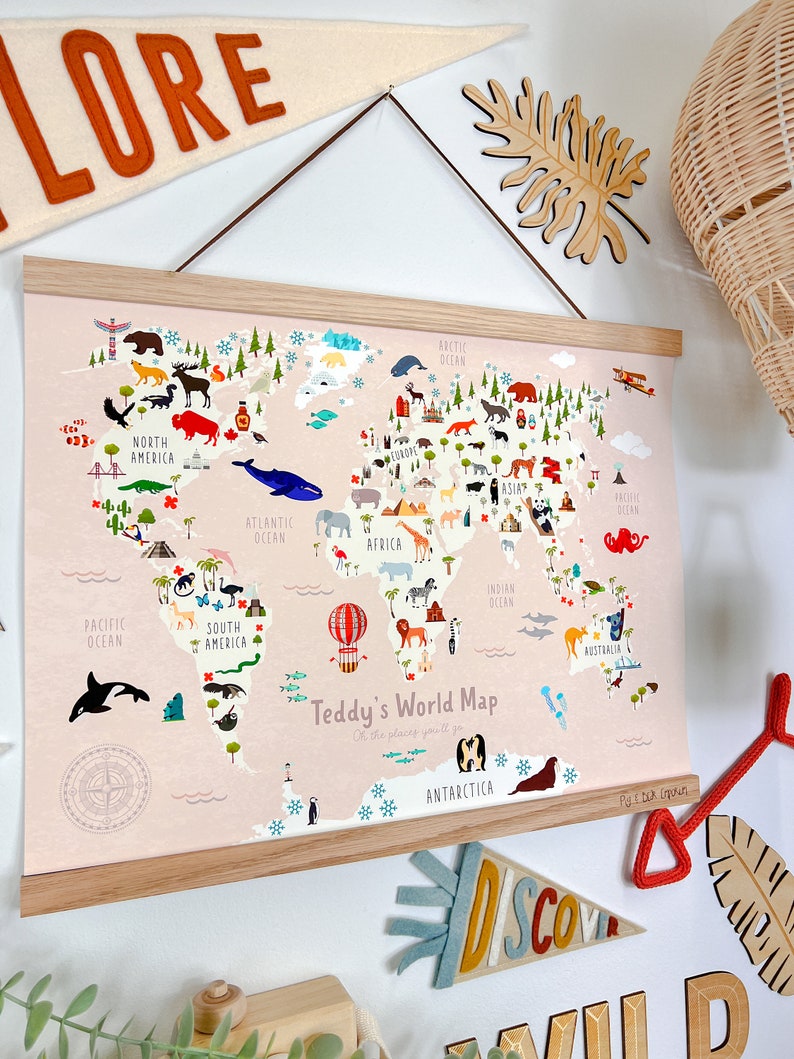 WORLD MAP Print Custom Colours Kids Bedroom Map Safari | Etsy