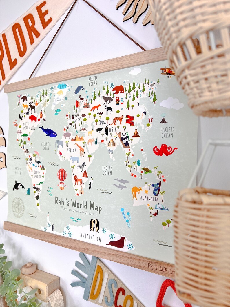 WORLD MAP Print Custom Colours Kids Bedroom Map Safari | Etsy