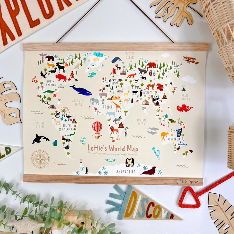 WORLD MAP Print Custom Colours Kids Bedroom Map Safari | Etsy