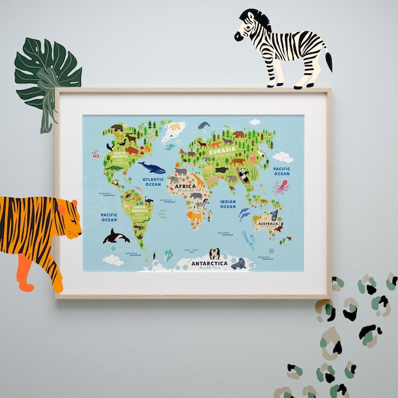 Educational Animal World Map | Kids World Map Poster | Safari Animal Nursery | Safari Bedroom | Kids Room Decor | Wall Art