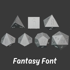 May include: A set of seven white dice with numbers 4, 6, 8, 10, 12, and 20 in a fantasy font. The dice are arranged in a semi-circle on a gray background. The text "Fantasy Font" is below the dice.