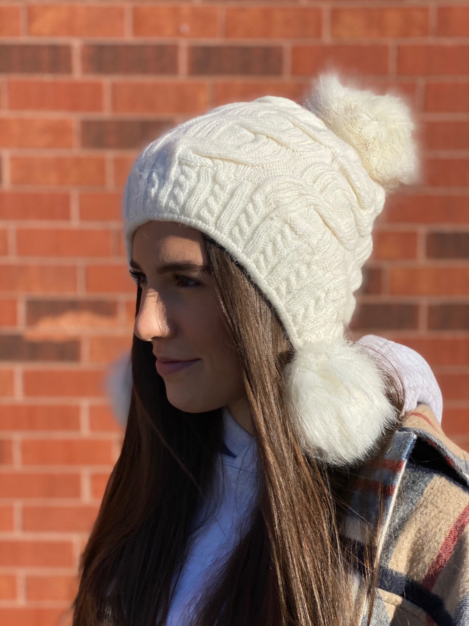 Fleece Lined Knit Beanie Hat with Ear Flaps and Pom Poms 4 Etsy