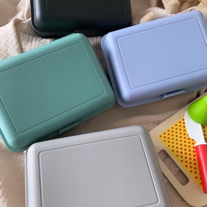 May include: Four plastic lunch boxes in different colors: black, light blue, light green, and gray. The boxes are all closed and sitting on a light brown fabric surface.