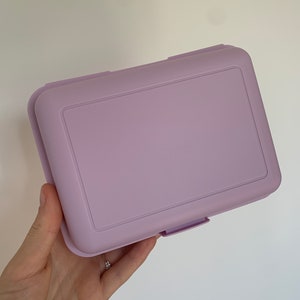 May include: A lavender plastic rectangular box with a latch on the front.