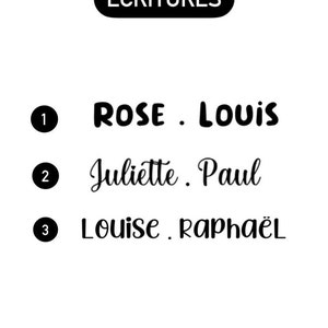 May include: A black and white image with the word "&Eacute;CRITURES" in a circle at the top. Below the circle are three numbered lines with names written in cursive. The names are "Rose. Louis", "Juliette. Paul", and "Louise. Rapha&euml;l".