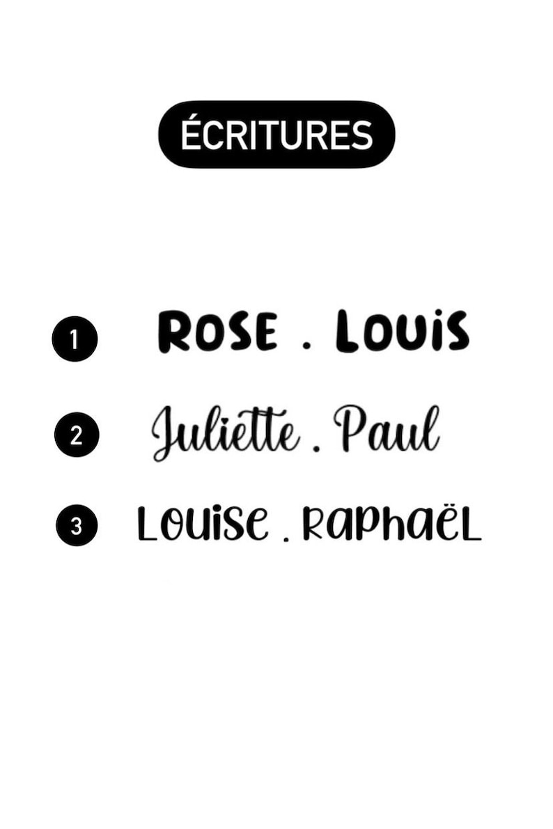 May include: A black and white image with the word "&Eacute;CRITURES" in a circle at the top. Below the circle are three numbered lines with names written in cursive. The names are "Rose. Louis", "Juliette. Paul", and "Louise. Rapha&euml;l".