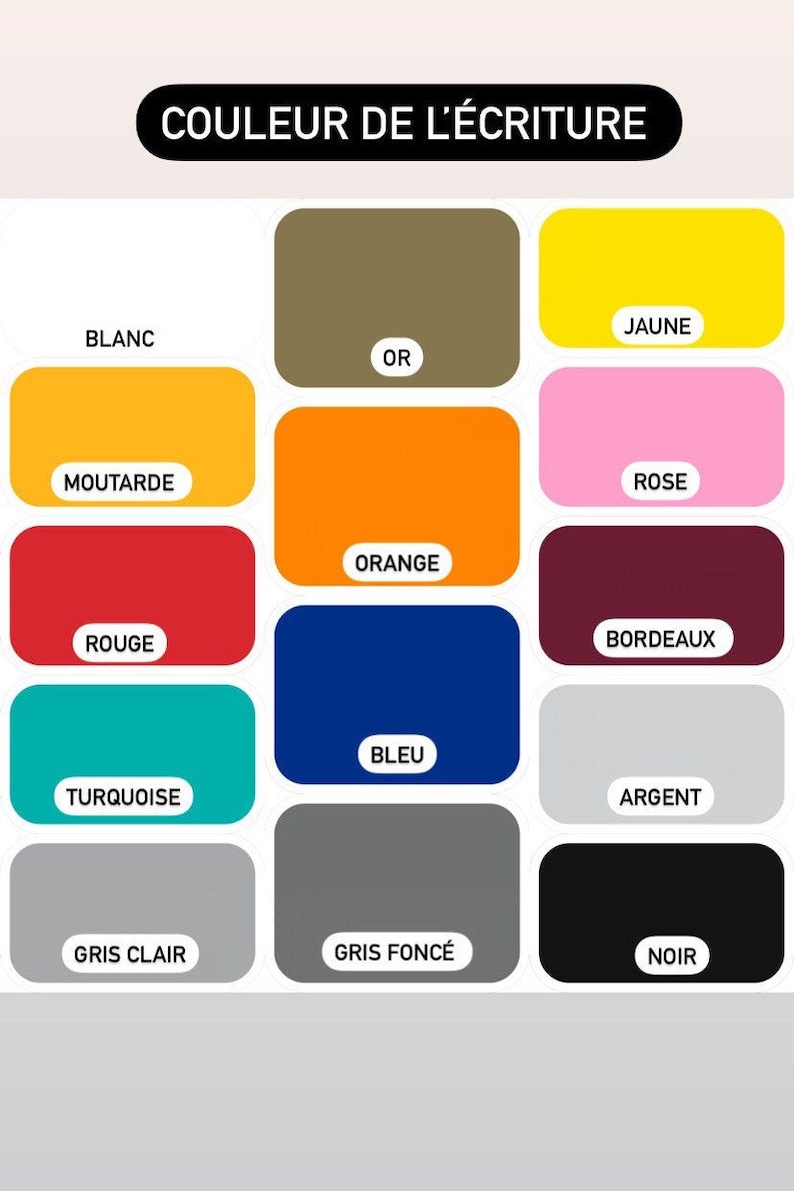May include: A chart showing different colors of ink, including white, yellow, orange, red, turquoise, blue, silver, gray, and black. The text "COULEUR DE L'&Eacute;CRITURE" is at the top of the chart.