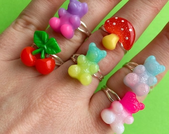 Fun and funky rings/adjustable/kitsch/gummy bear/toadstool/cherry