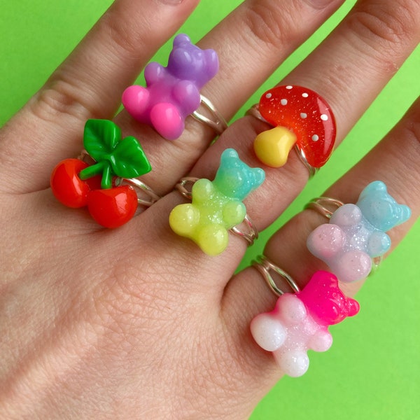 Fun and funky rings/adjustable/kitsch/gummy bear/toadstool/cherry