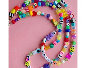 Funky Name necklace/ mixed bead/personalised/ handmade/ beaded/smiley/freshwater pearl/retro/90s/y2k/kitsch