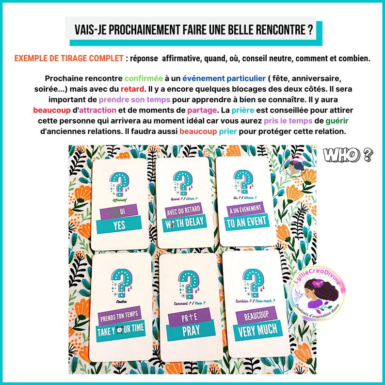 K&ouml;nnte beinhalten: Ein Set aus sechs wei&szlig;en Orakelkarten mit t&uuml;rkisfarbenen Fragezeichen-Symbolen und zweisprachigem Text auf Franz&ouml;sisch und Englisch. Die Karten zeigen Phrasen wie YES, WITH DELAY, TO AN EVENT, TAKE YOUR TIME, PRAY und VERY MUCH sowie ein rundes Logo.