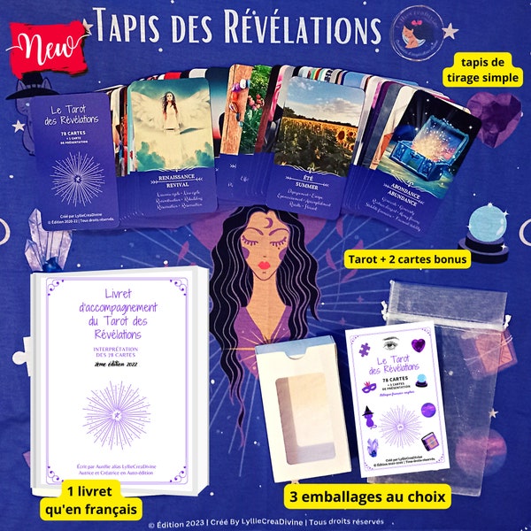 Tarot des Révélations - 78 cartes oracle divinatoire français, anglais - Tirage personnalisé - Tapis de tirage doux - Mots clés - Livret FR