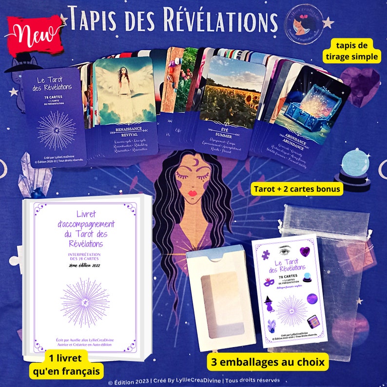 The Tarot of Revelations 78 divinatory oracle cards in French and English Key words Pochon & Booklet Full deck Self published image 1