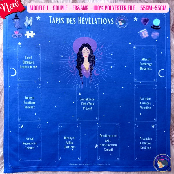 Tapis de Tirage Tarot des Révélations - 2 modèles - Tissu Illustré Féminin sacré - Support carte divinatoire - Français, Anglais - Polyester