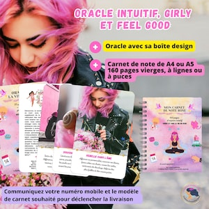 Peut inclure: Un ensemble comprenant un oracle intuitif avec sa boîte design et un carnet à spirales de 160 pages vierges, lignées ou à puces. Les articles présentent des illustrations roses et pastel, incluant une personne aux cheveux roses et du texte.