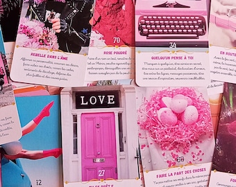 May include: A collection of 77 intuitive oracle cards featuring vibrant imagery including a pink door with the text LOVE, a pink typewriter, and eggs in a nest. Each card displays a number, a title, and descriptive French text for guidance.
